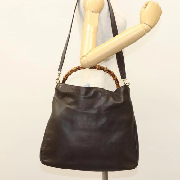 GUCCI Bamboo Hand Bag Leather 2way Black Gold 001 1577 Auth ep10141 - Picture 1 of 16